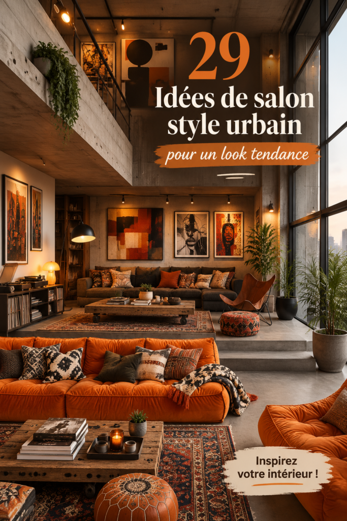 Salon au style urbain avec des meubles modernes et des éléments décoratifs chaleureux