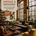 Un salon vintage moderne avec des textures chaleureuses, alliant confort et style.