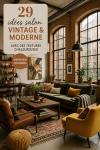 Un salon vintage moderne avec des textures chaleureuses, alliant confort et style.