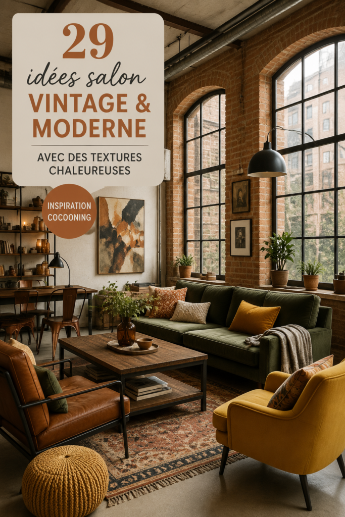 Un salon vintage moderne avec des textures chaleureuses, alliant confort et style.