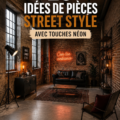 Un salon moderne avec des accents néon sur fond urbain