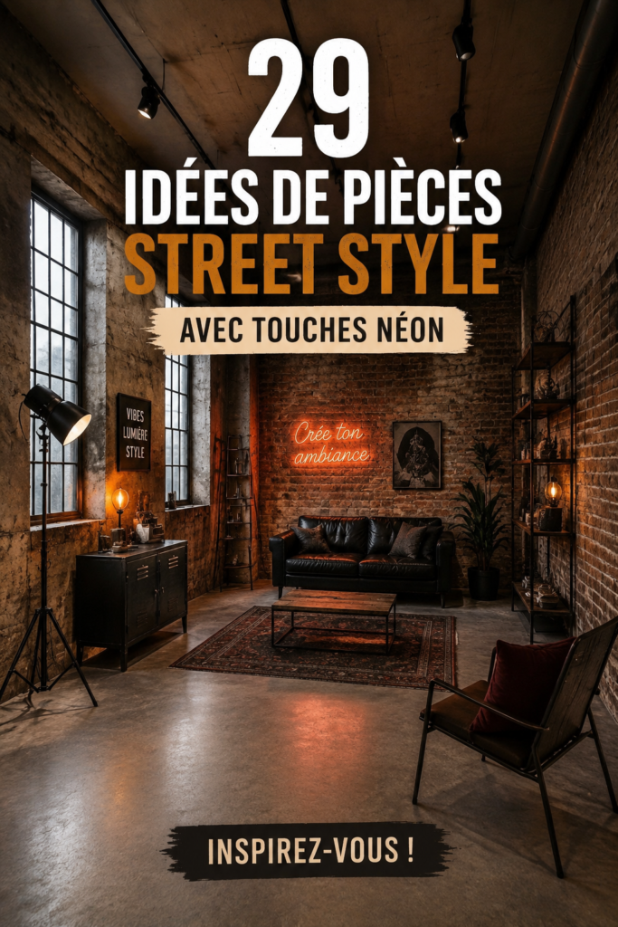 Un salon moderne avec des accents néon sur fond urbain