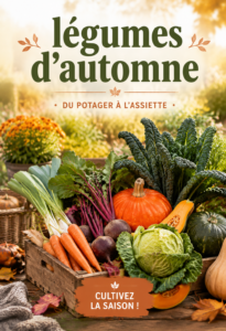 Jardin d'automne avec des légumes colorés en pleine croissance.