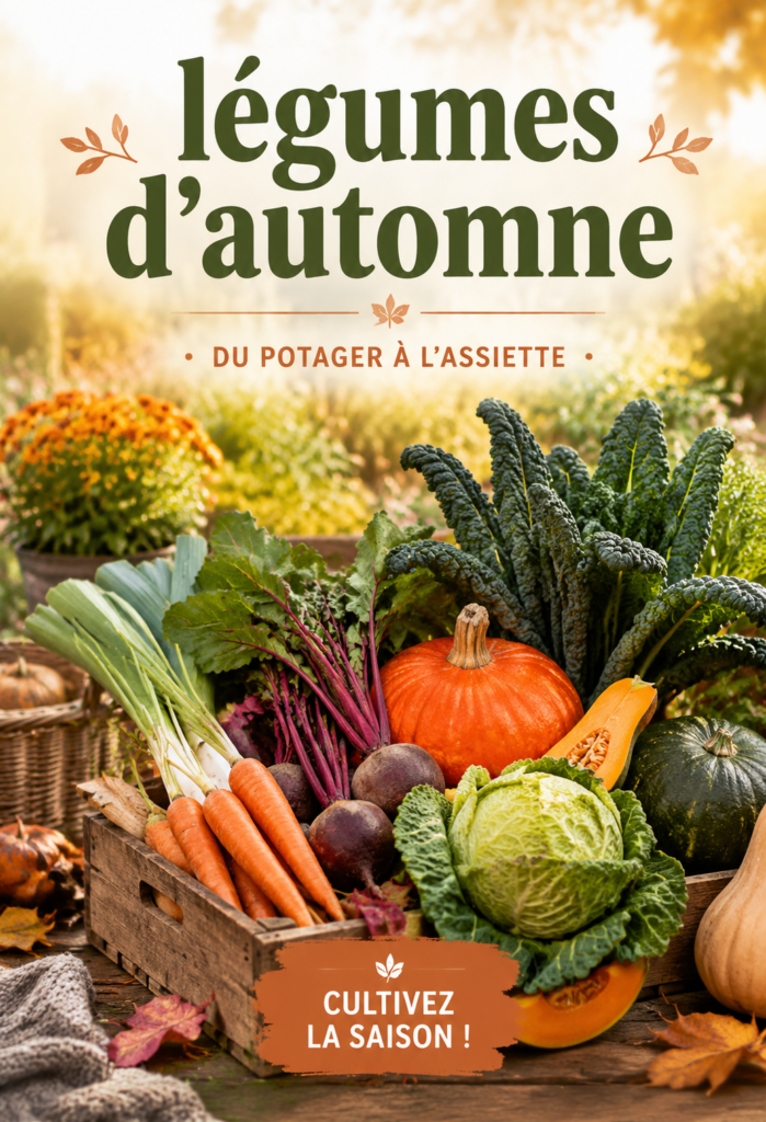 Jardin d'automne avec des légumes colorés en pleine croissance.