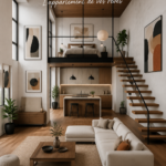 Loft industriel moderne avec plafonds en bois et escaliers flottants