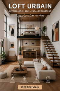 Loft industriel moderne avec plafonds en bois et escaliers flottants