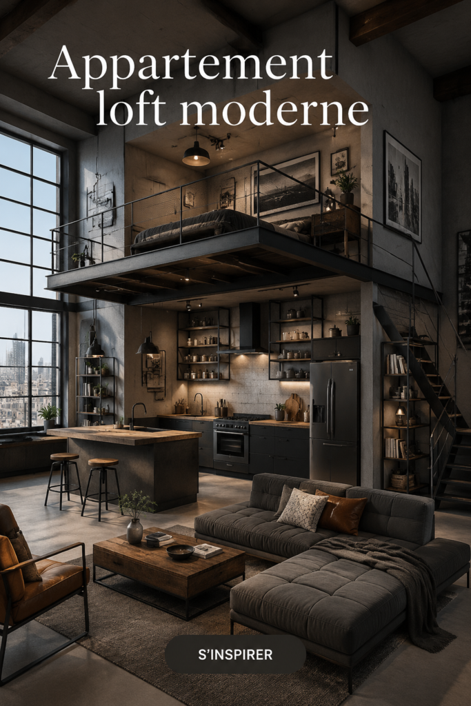 Un appartement moderne et stylé avec un aménagement en loft, lumière naturelle et décoration épurée.