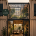 Maison container moderne avec atrium en verre dans un environnement naturel