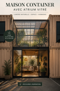 Maison container moderne avec atrium en verre dans un environnement naturel