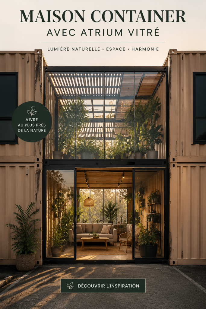 Maison container moderne avec atrium en verre dans un environnement naturel
