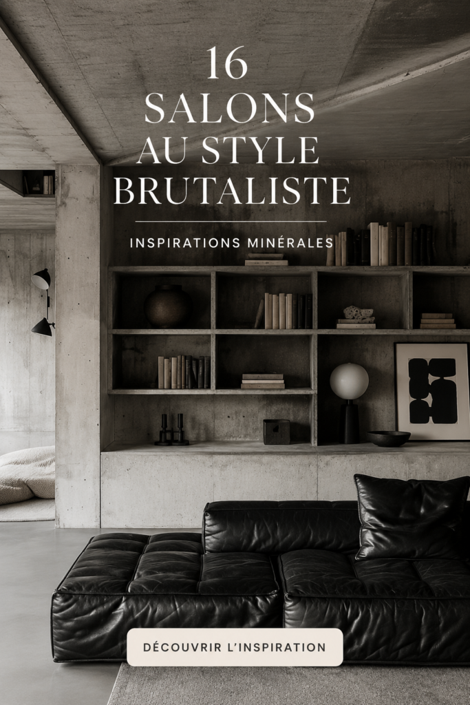 Salon au design brutaliste avec des éléments en béton et des touches chaleureuses