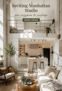 Un studio à Manhattan avec un espace nuit intégré, décoré de manière chaleureuse et moderne.