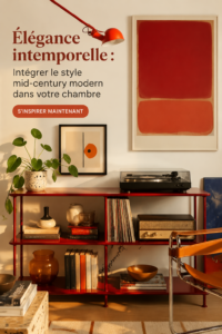 Chambre décorée dans le style mid-century modern avec des meubles aux lignes épurées et des couleurs douces.