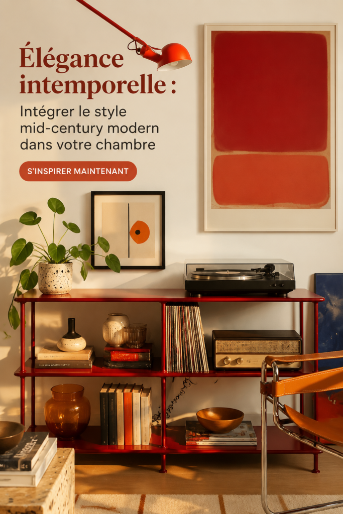 Chambre décorée dans le style mid-century modern avec des meubles aux lignes épurées et des couleurs douces.