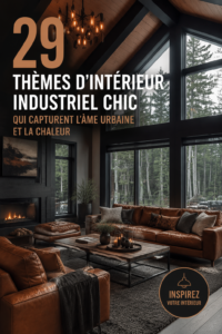 Un salon chic avec des éléments de décoration industrielle et une ambiance chaleureuse.