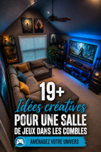Aménagement d'une salle de jeux sous les combles avec des couleurs vives et des meubles adaptés.