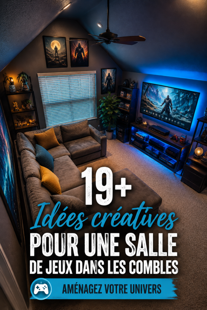 Aménagement d'une salle de jeux sous les combles avec des couleurs vives et des meubles adaptés.