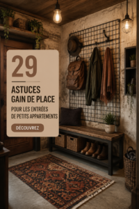 Entrée d'appartement optimisée avec des rangements intelligents et une décoration chaleureuse.