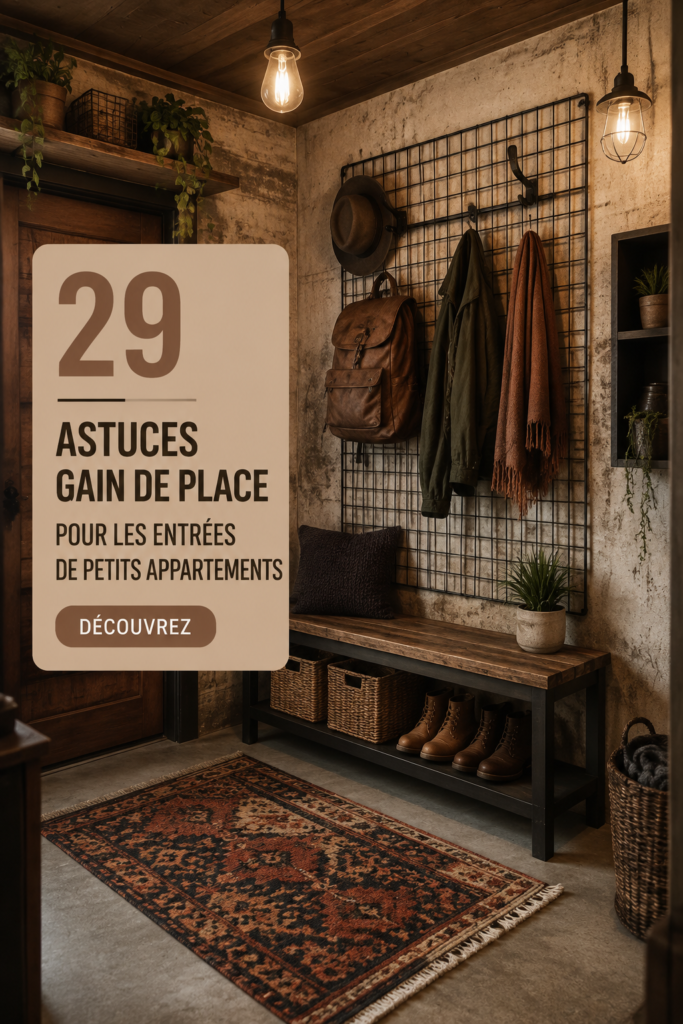 Entrée d'appartement optimisée avec des rangements intelligents et une décoration chaleureuse.