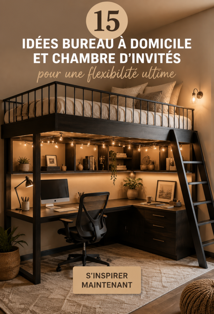 Bureau élégant dans une chambre d'invités confortable avec accessoires décoratifs.