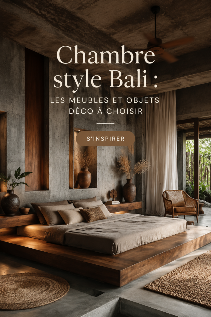 Chambre chaleureuse avec un style Bali, ornée de meubles en bois naturel et textiles aux motifs exotiques.