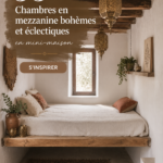 Chambre boho éclectique avec des éléments décoratifs variés.