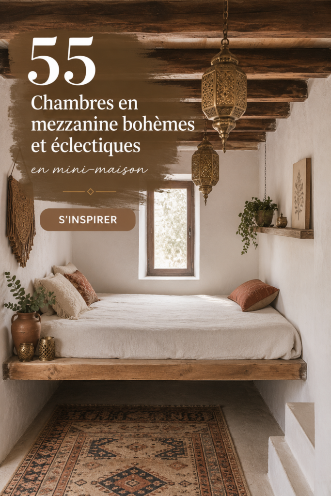 Chambre boho éclectique avec des éléments décoratifs variés.
