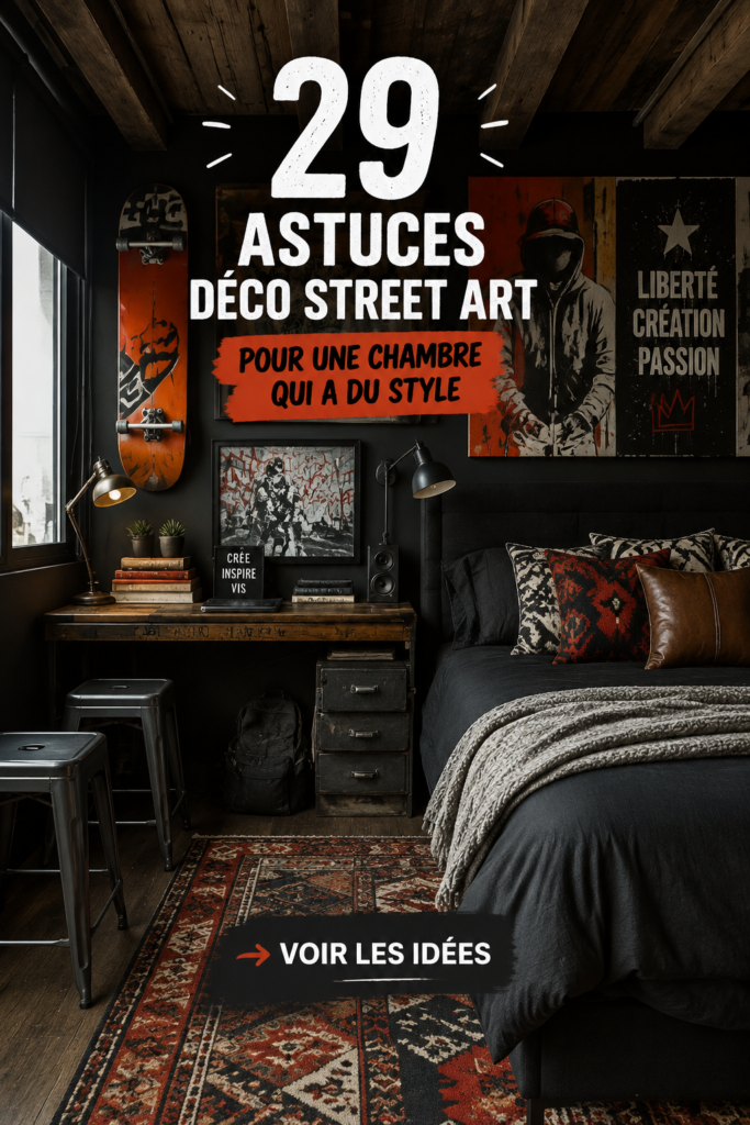 Chambre au style artistique avec des éléments décoratifs uniques et une palette de couleurs chaleureuses