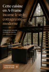 Cuisine en A avec un style cottagecore, mélange de bois et de couleurs douces