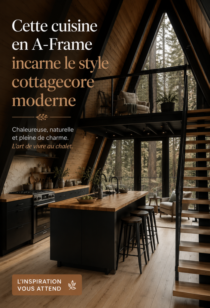 Cuisine en A avec un style cottagecore, mélange de bois et de couleurs douces