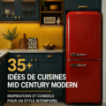 Cuisine moderne au design mid-century avec meubles en bois et couleurs vives