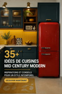 Cuisine moderne au design mid-century avec meubles en bois et couleurs vives