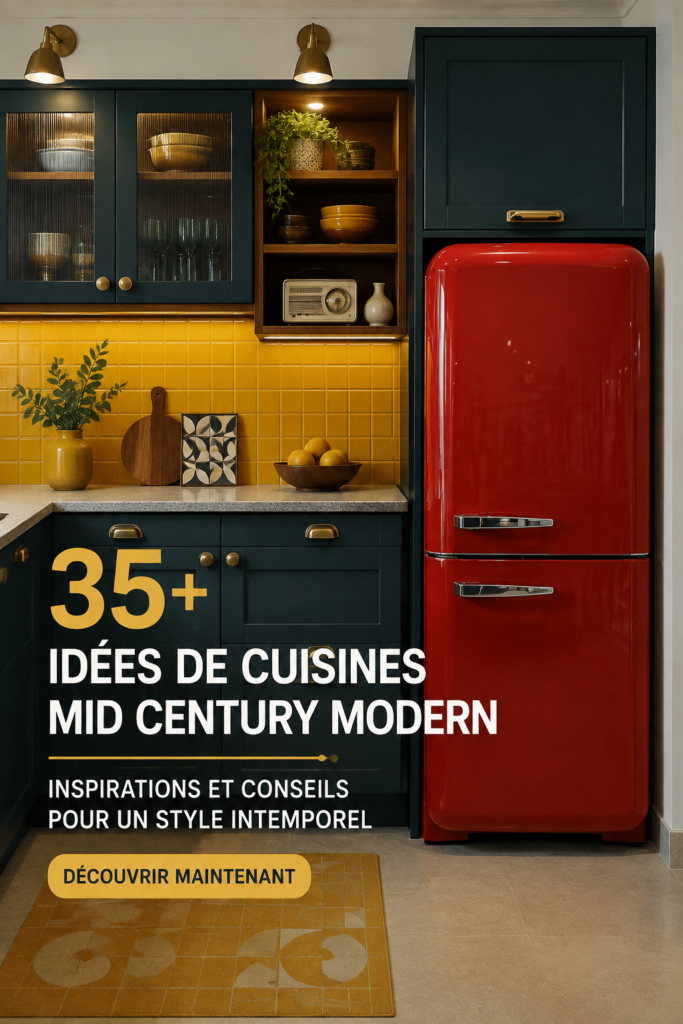 Cuisine moderne au design mid-century avec meubles en bois et couleurs vives