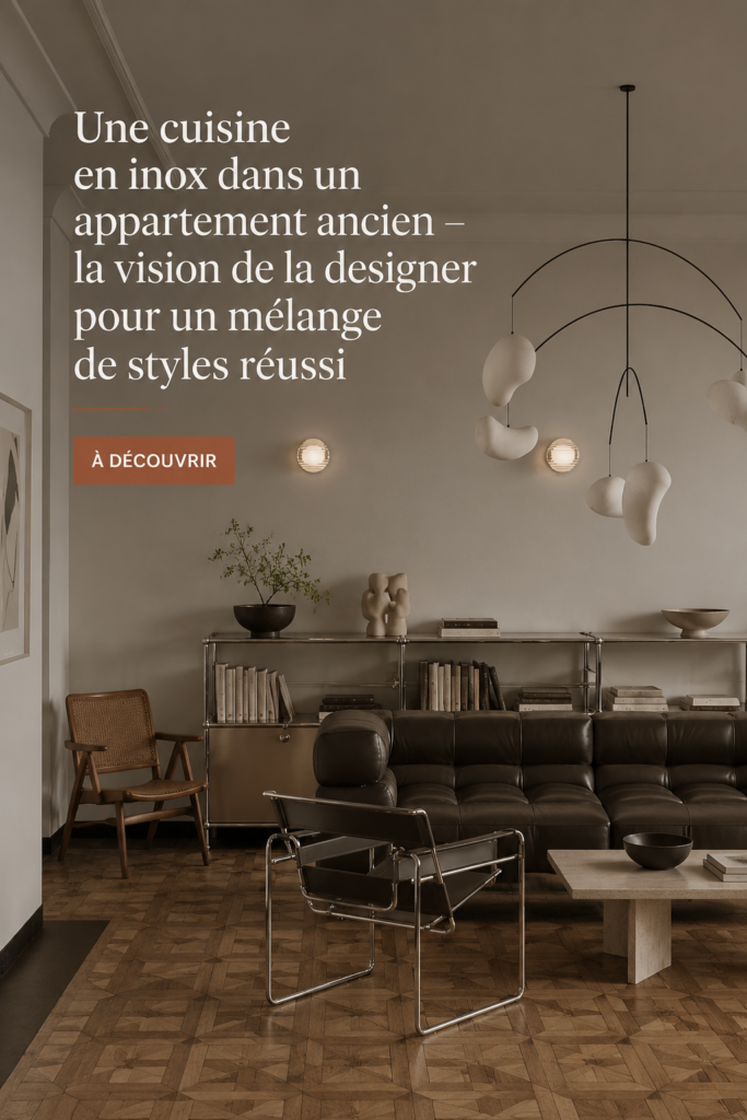 Cuisine en acier inoxydable intégrée dans un vieux bâtiment, alliant modernité et charme ancien.