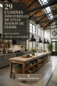 Une cuisine de ferme au style industriel, mêlant matériaux bruts et éléments vintage.