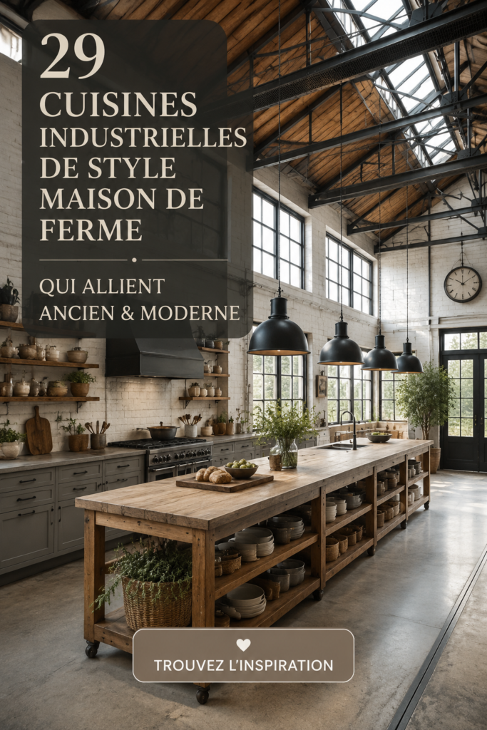 Une cuisine de ferme au style industriel, mêlant matériaux bruts et éléments vintage.