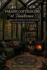 Intérieur cosy avec une décoration cottage sombre, mêlant élégance et mystère