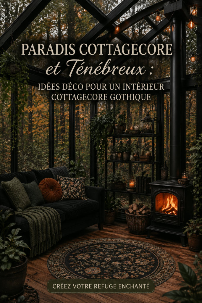 Intérieur cosy avec une décoration cottage sombre, mêlant élégance et mystère