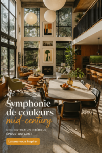 Un salon décoré avec des couleurs mid-century chaleureuses