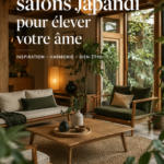 Salon décoré dans un style Japandi avec des meubles en bois et des couleurs neutres