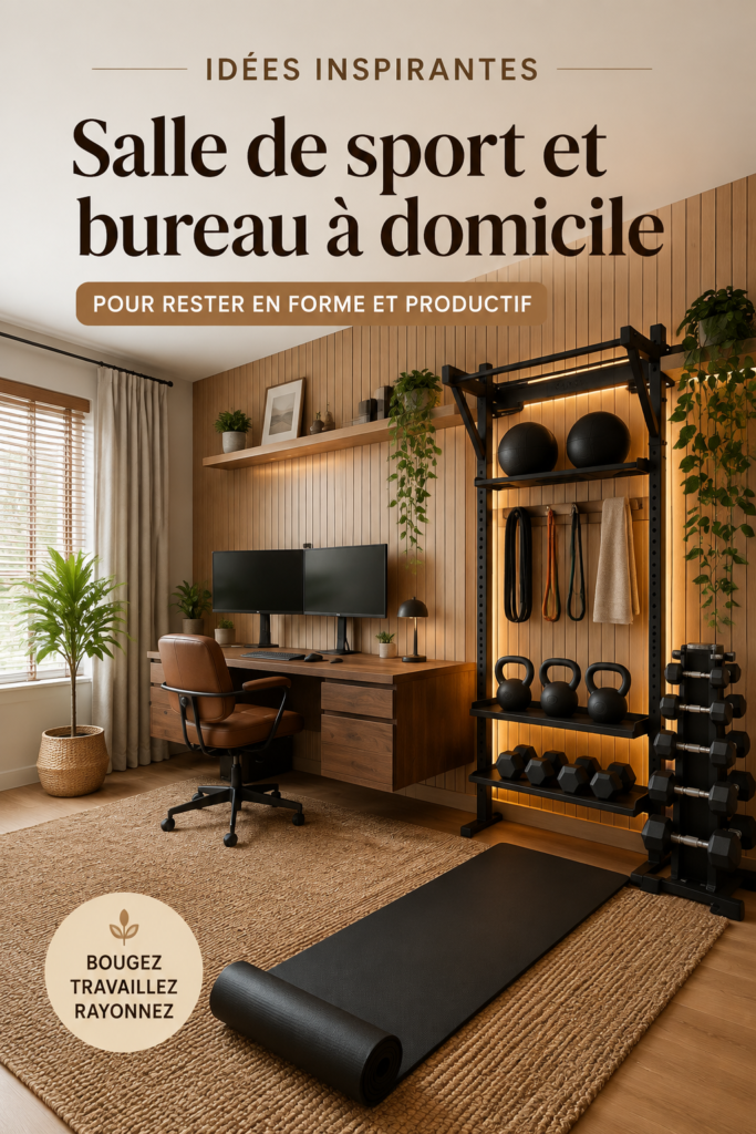 Espace bureau moderne intégré avec équipement de fitness à domicile.
