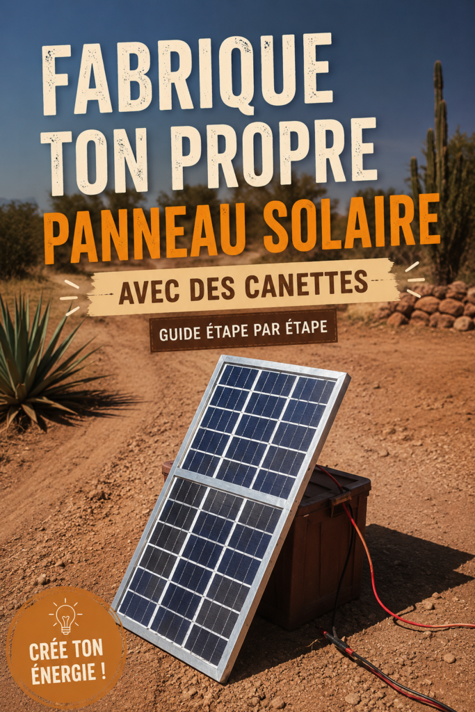 Un panneau solaire fait maison réalisé avec des canettes recyclées posé dans un jardin ensoleillé.