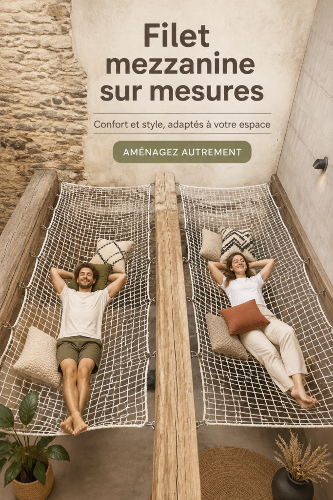 Mezzanine décorée avec un filet sur mesure, apportant chaleur et sécurité à l'espace.
