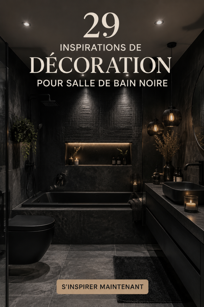 Salle de bain noire cosy avec des éléments de décoration chaleureuse