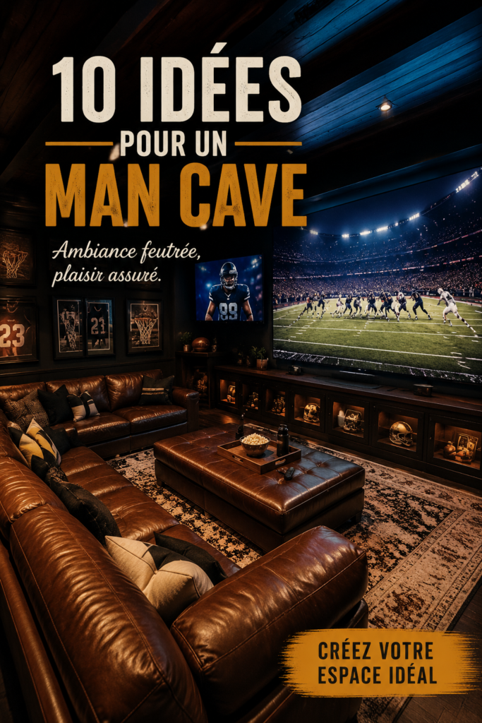 Un coin man cave bien aménagé avec un canapé confortable et une lumière tamisée.