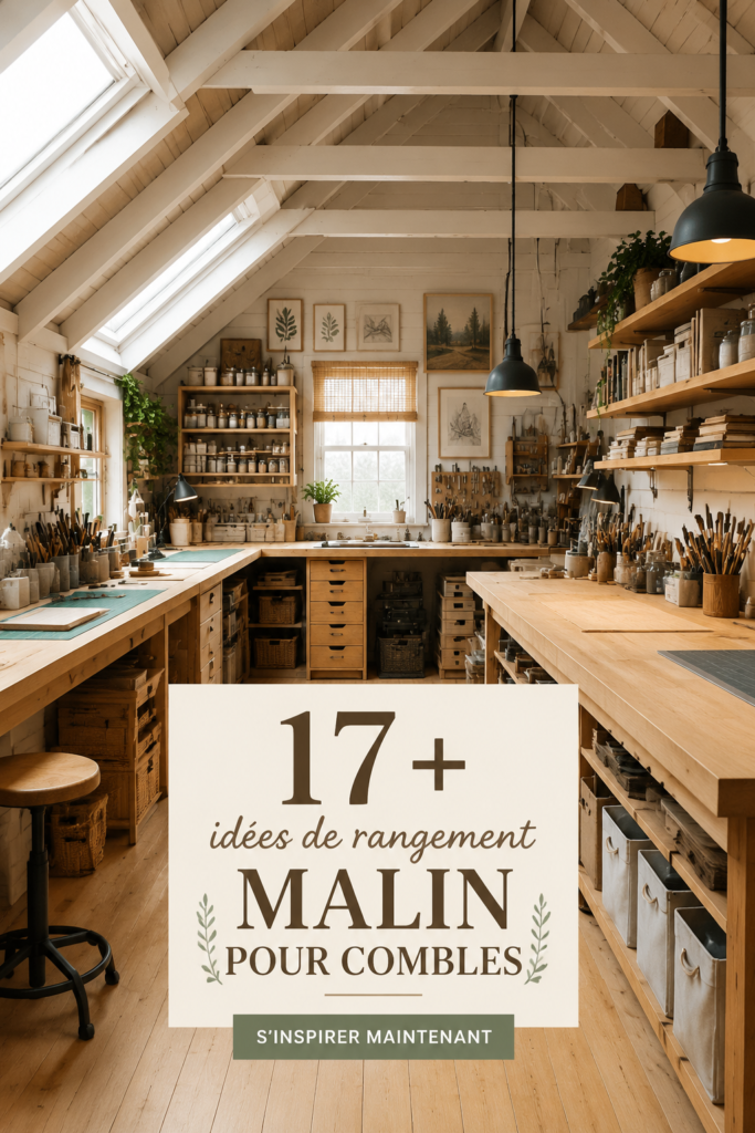 Grenier bien rangé avec des équipements de rangement astucieux et décoratifs.