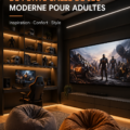 Salle de jeux moderne avec des fauteuils confortables et des couleurs vives.