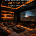 Salle familiale au sous-sol aménagée avec des meubles confortables et une décoration chaleureuse.