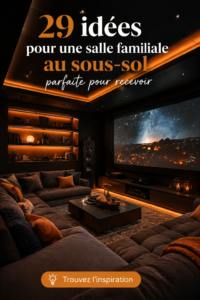 Salle familiale au sous-sol aménagée avec des meubles confortables et une décoration chaleureuse.
