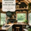 Un she shed décoré avec des couleurs douces et des plantes dans un jardin.